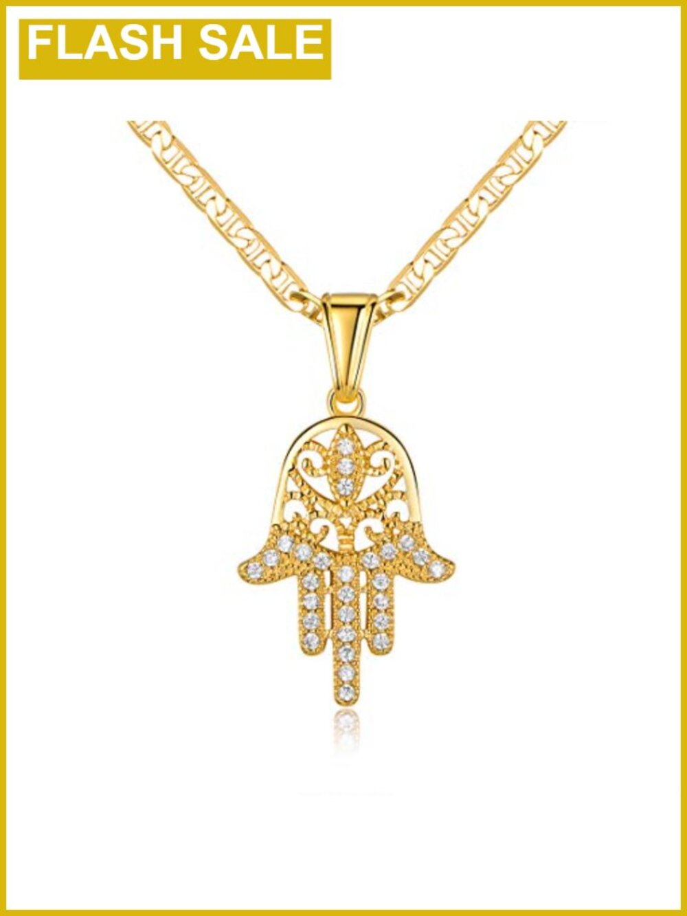 18K Gold Plated Mariner Chain Necklace with Hamsa Hand Pendant, 3MM